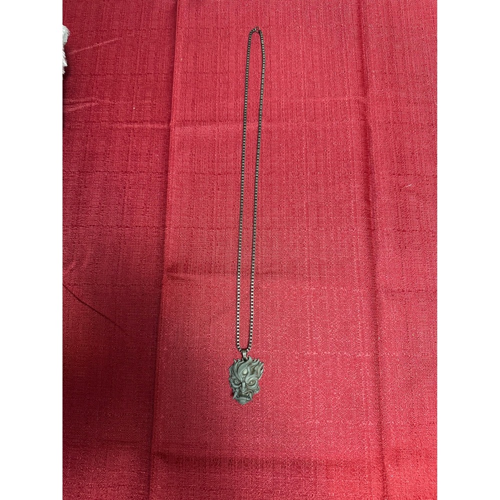 Oni Mask Pendant Necklace Antiqued Silver Tone Box Chain Japanese Demon Hannya